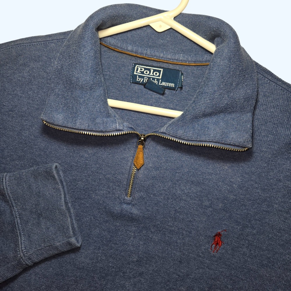 Polo Ralph Lauren Blue 1/4 Zip Cotton Pullover Sweater Mens Large Red Pony Logo